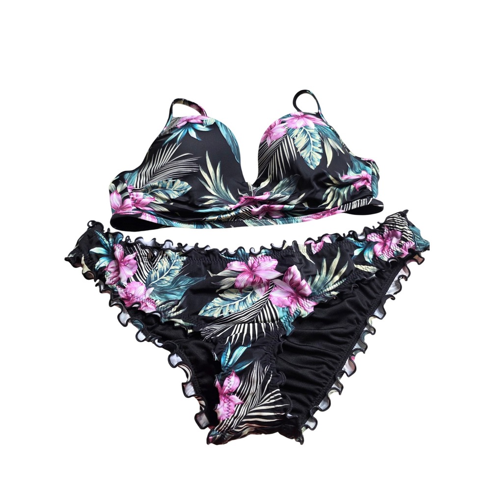 Shade & Shore Floral Ruffle Bikini Set Size M Black Tropical 2 Piece Swimsuit